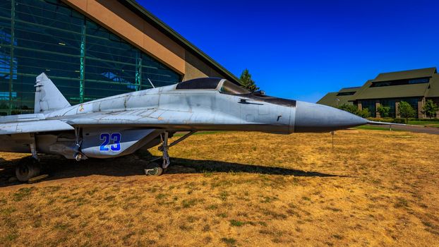 McMinnville, Oregon - August 21, 2017: Mikoyan Gurevich MiG-29 "Fulcrum" on exhibition at Evergreen Aviation & Space Museum.