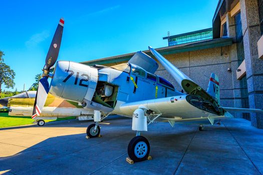 McMinnville, Oregon - August 21, 2017: US Navy Douglas EA-1F Skyraider on exhibition at Evergreen Aviation & Space Museum.