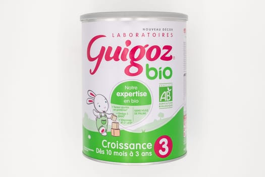 Paris, France - May 17, 2020: French artificial milk for baby Guigoz bio with a label Organic farming