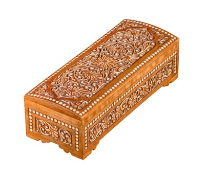 A wooden casket with traditional artistic carving isolated on a white background