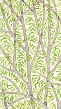 A vertical illustrated design of tree branches with green leaves on a beige background