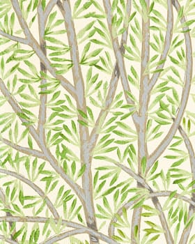A vertical illustrated design of tree branches with green leaves on a beige background