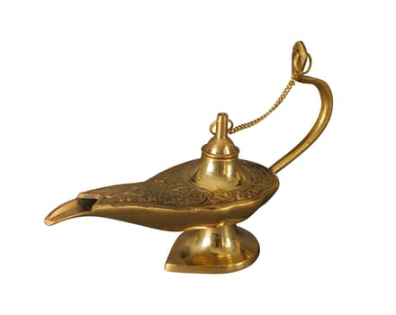 A copper genie lamp with artistic chasing and engraving on a white background in Central Asia