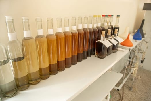 A closeup of bottles of wine on the shelf. Concept of winemaking