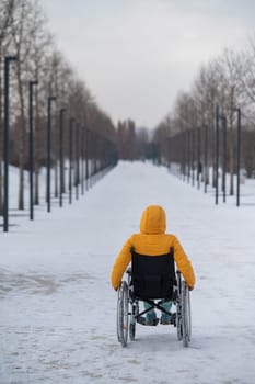 Caucasian woman with disabilities rides on a chair in the park in winter. Back view of a girl on a walk in a wheelchair