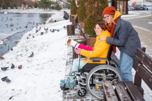 A woman in a wheelchair walks with her friend and a dog by the lake in winter