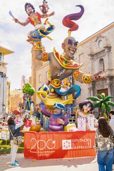 Burriana, Spain 18-03-2023: View of the sculpted monument for its exhibition and its burning in the Burriana fallas festivities.