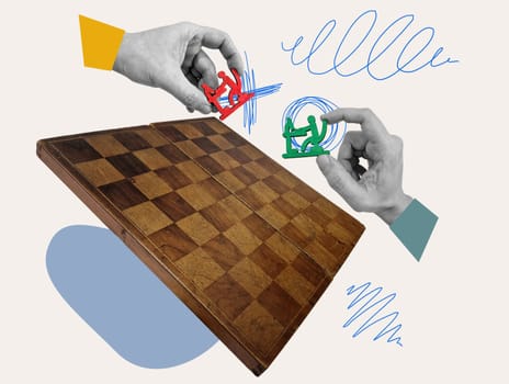Collage with chessboard and hands holding staff figures. Employee turnover and attrition.