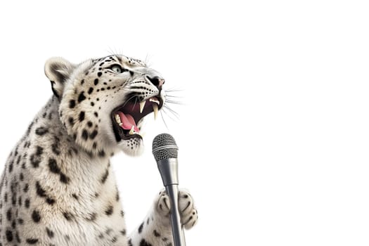 A snow leopard sings into a microphone. Snow leopard isolated on white background.