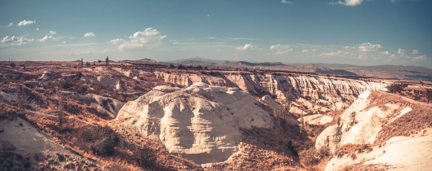 Scenic view of mountainous landscape in Cappadocia, Turkey