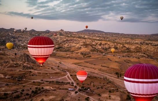 Top view of hot air balloon festival in Cappadocia, Turkey