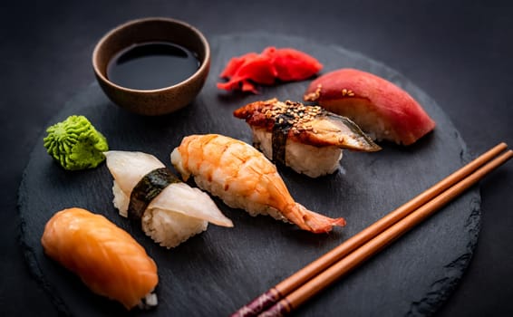 Beautiful japanese sushi sashimi set with shrimps, ginger and soy sauce served with chopsticks and green wasabi on black table. Traditional asian fresh delicay food with rice and seafood