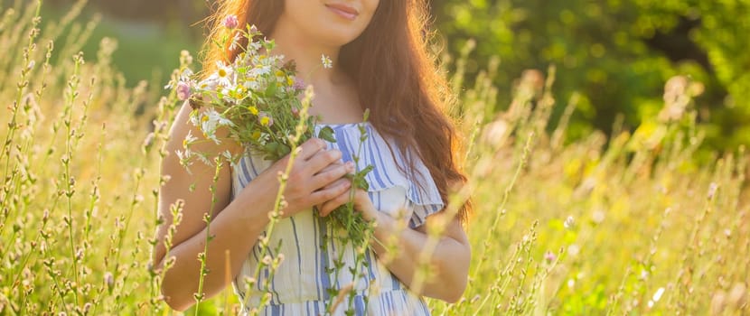 Rear view of beautiful young woman walking among wildflowers on sunny summer day. Joy of communicating with summer nature