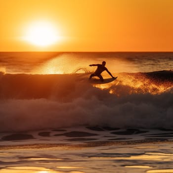 A photograph of a surfing scene, featuring a surfer catching a wave with the sun setting in the background.