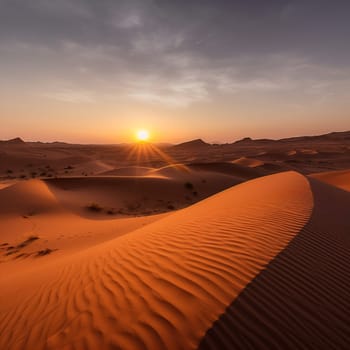 A photograph of the Sahara Desert, featuring sand dunes and a stunning sunset.