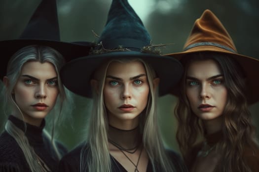 Witch with making witchcraft, magic spells, hat conjuring. Spooky dark magic forest . Magician. Wide Halloween party art design. Terrifying scary personage, beautiful sorceress.