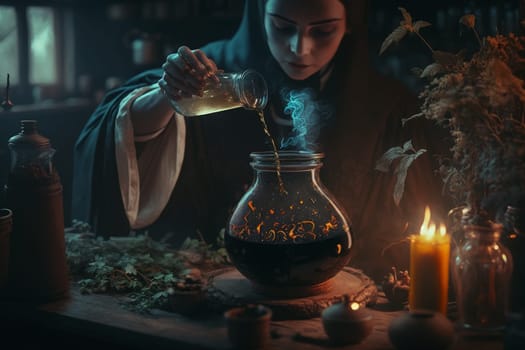 Witch with making witchcraft, magic spells, hat conjuring. Spooky dark magic forest . Magician. Wide Halloween party art design. Terrifying scary personage, beautiful sorceress.