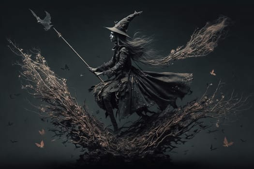 Witch with making witchcraft, magic spells, hat conjuring. Spooky dark magic forest . Magician. Wide Halloween party art design. Terrifying scary personage, beautiful sorceress.