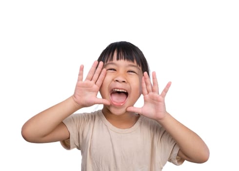 Cute little girl shouting and holding palm near mouth on white background.