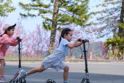 Active sisters riding scooters on street in outdoor park on summer day. Happy Asian kids riding kick scooters in the park. Active leisure and outdoor sport for child.