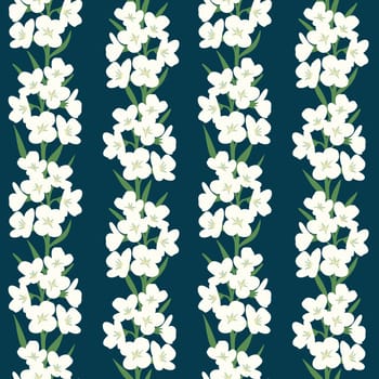 Hand drawn seamless pattern with white cuckoo flowers in vertical line on dark blue navy background. English meadow wildflower, floral wild plant, elegant victorian pattern, bloom blossom bouguet blooming botany design