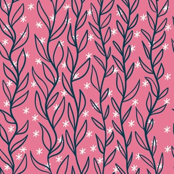 Hand drawn seamless pattern with dark blue leaves in vertical line on pink background with white stars. Floral decorative pattern, spring nature garden plant leaf, minimalist style, natural branches magic stars flowers
