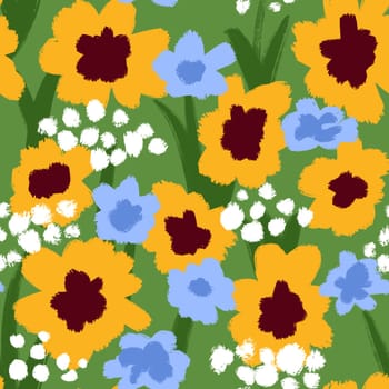 Hand drawn seamless pattern with wildflowers wild field flowers, white blue yellow herbs on green background. Coloful vibrant design for textile summer spring nature cornflower print, english meadow art botanical fabric