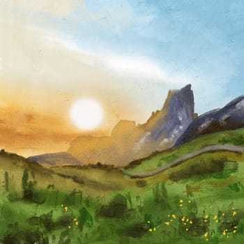 Hand drawn illustration of sun over mountains meadow peaks. Rocks green grass flowers blue sky clouds, evening sunset sunsire scenery scene, oil painting texture sketch style, alpine nature