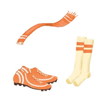 Hand drawn sports socks, shoes and scarf isolated on white background.