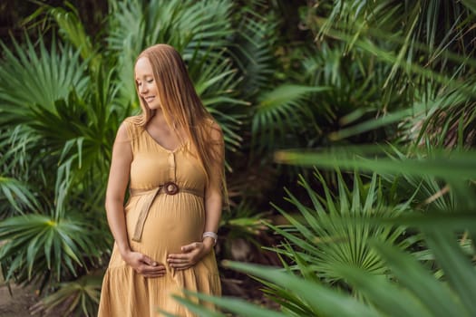 Pregnant woman walks in park at evening. Family enjoying pregnancy. The concept of Mother's Day and Women's Day.