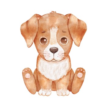 Cute cartoon dog isolated on white. Watercolor pet puppy is sitting. Childish funny character