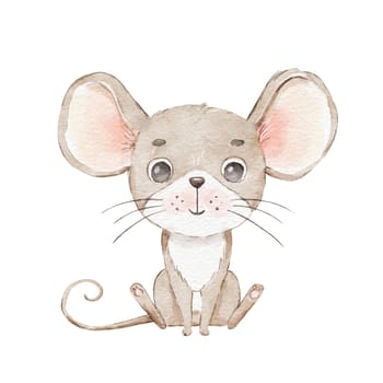Cute cartoon mouse isolated on white. Childish watercolor funny character