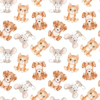 Cute cartoon cat, dog and mouse on white. Watercolor seamless pattern. Childish background