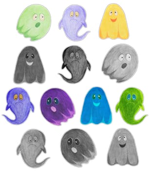 Set of Hand Drawn Halloween Ghosts Sticker Pack. Halloween scary ghostly monsters. Cute cartoon spooky character, Drawn by Color Pencils.
