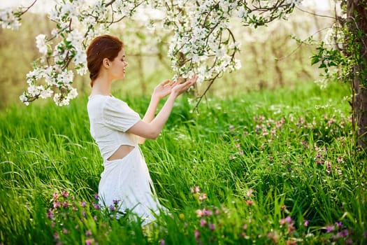 beautiful woman in a light dress posing next to a flowering tree in the countryside. High quality photo