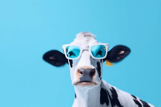 horn concept animal smiling postcard eyeglass farm fun funny head trendy blue cow copy background humor face art space portrait sunglasses animal studio. Generative AI.