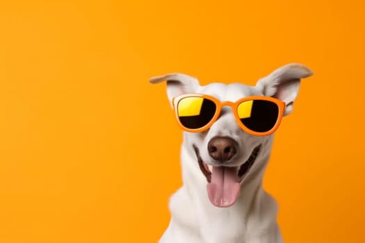 copy dog pet cute space humor young portrait brown domestic birthday doggy isolated yellow funny animal smile party friend sunglasses white background summer. Generative AI.