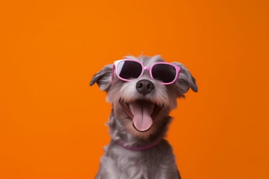 young dog cute animal humor pet blue canine yellow trendy smile birthday puppy isolated purebred background white sunglasses party funny portrait studio. Generative AI.