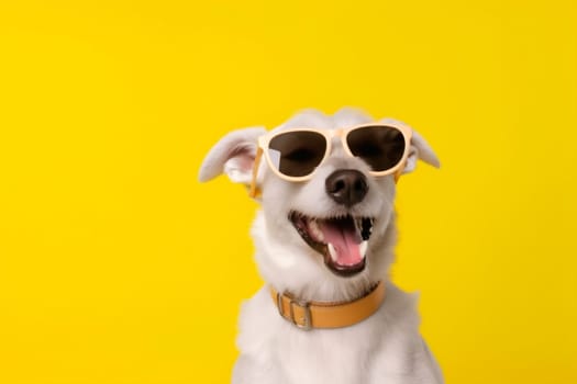 portrait dog fun brown cute animal beautiful pink background cool puppy canine happy yellow blue pet funny isolated sunglasses summer smile. Generative AI.