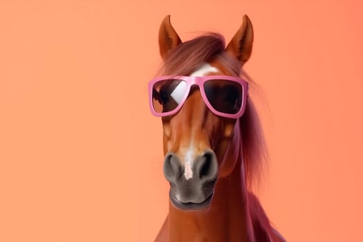 mammal character banner smile isolated concept background cartoon colourful humor wild ai funny horse mane fun pastel portrait sunglasses goggles animal. Generative AI.