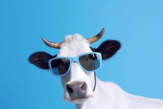 head horn copy isolated concept funny cute background eyeglass face trendy space cow goggles blue animal sunglasses portrait mammal studio illustration cartoon. Generative AI.