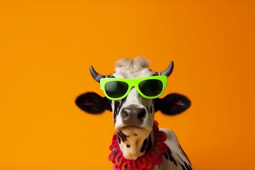 character head pink cow expression happy sunglasses yellow animal face fun funny blue cute colourful portrait cool farm beauty fashion. Generative AI.