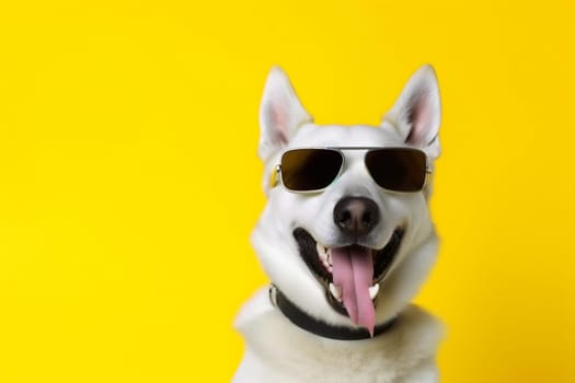smile dog pet background friend funny birthday purebred sunglasses portrait cute brown pink red isolated yellow fun goggles copy space studio party animal. Generative AI.