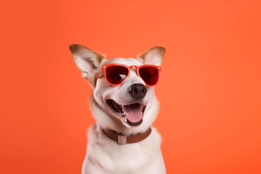 dog studio blue background space canine animal orange cute purebred portrait copy red indoor funny brown goggles smile isolated sunglasses pet adorable. Generative AI.