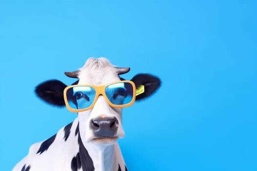 animal horn funny copy cow cute eyeglass blue portrait face beautiful background white bull trendy head studio happy background sunglasses space dairy. Generative AI.