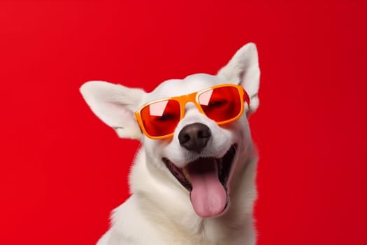 dog goggles portrait sunglasses stylish happy cute background funny pet smile friend isolated yellow student animal small young copy space pink fashion. Generative AI.