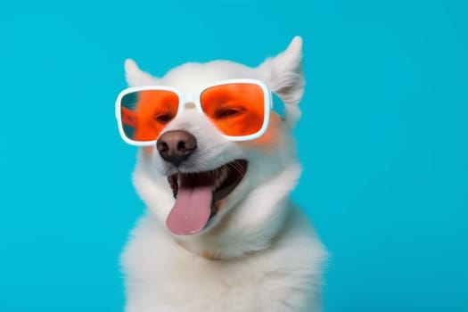 dog background animal sunglasses smile blue concept pet friend puppy happy young portrait pink red beautiful cute funny studio isolated student. Generative AI.