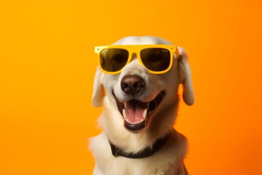 dog red portrait pet adorable sunglasses animal brown funny goggles pink blue cute space background indoor orange canine copy smile humor isolated. Generative AI.