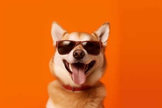 dog studio pink student fun sunglasses glasses animal background birthday stylish blue funny portrait party orange friend isolated smile summer cute pet. Generative AI.