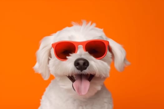 dog adorable copy isolated smile fun stylish glasses canine portrait funny sunglasses pet space cool animal background puppy small cute doggy brown. Generative AI.